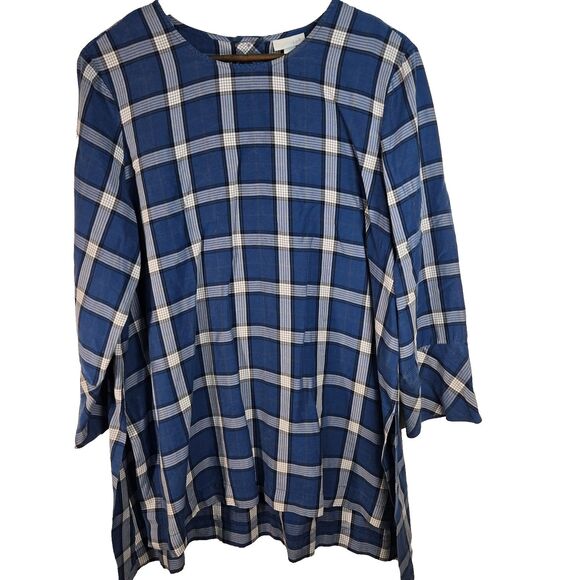 J Jill Blue Plaid Lyocell Mother Of Pearl Accent Tunic Womens Large - Picture 1 of 9